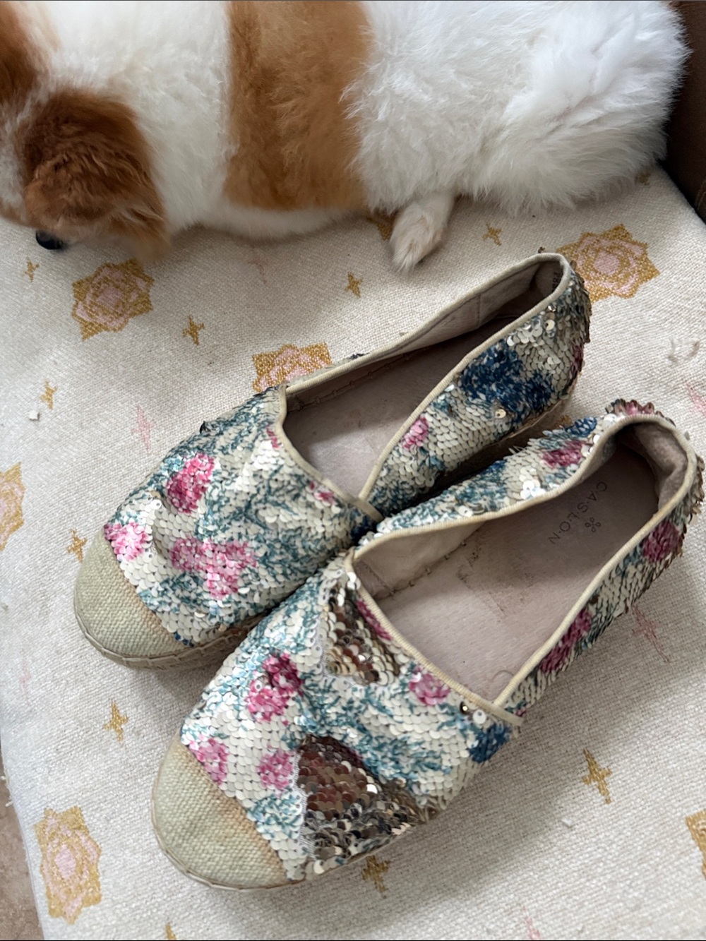 Caslon Cream Espadrilles with Pink and Blue Sequin Floral Accents
